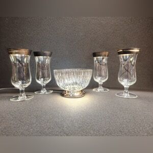 Dorothy Thrope Silver rimmed Hurricane set (4) with Crystal, silver base bowl.